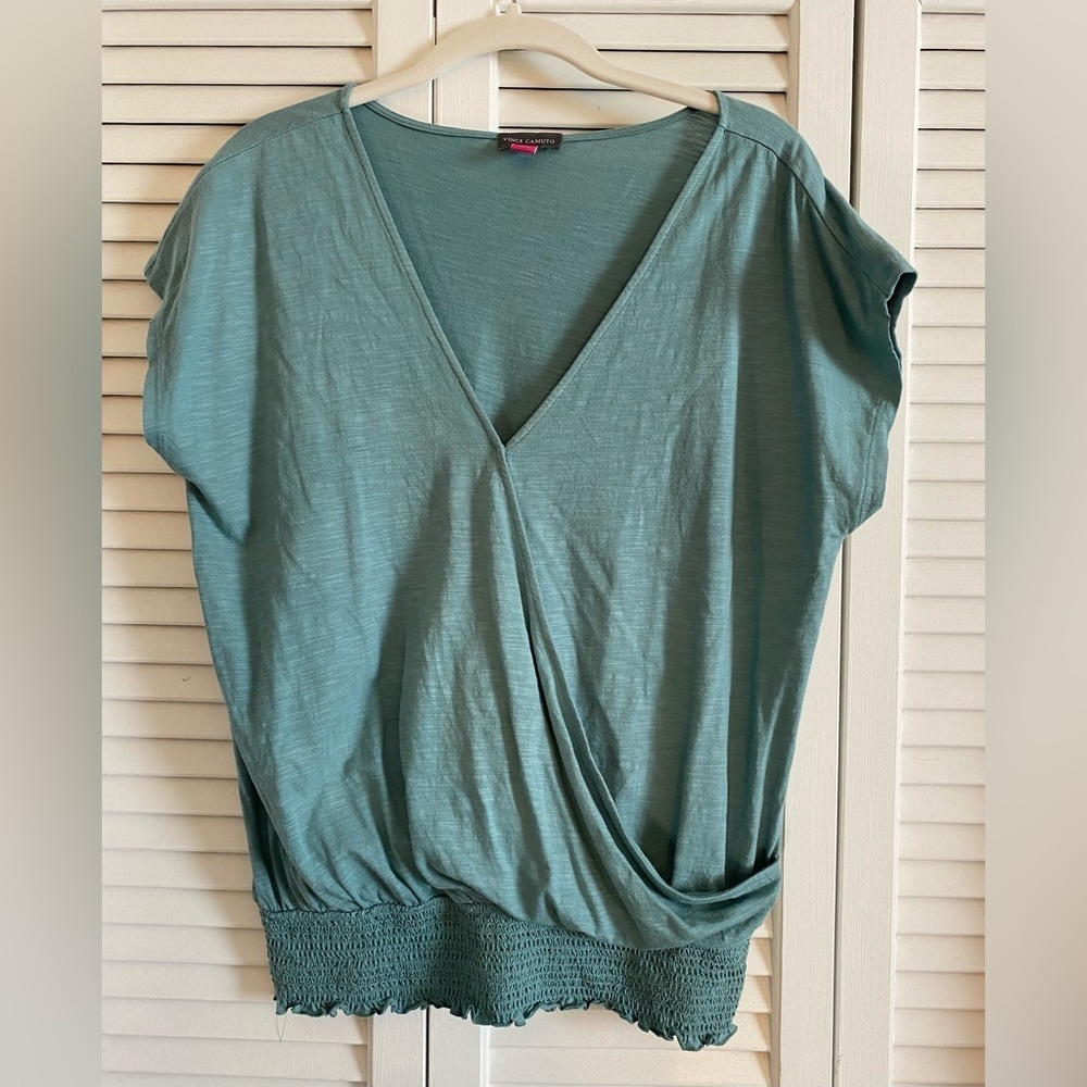 Vince Camino Faux Wrap Top, Size M, Mood Indigo, V-neck, Smocked Elastic Waist